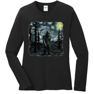 Bigfoot Starry Night Sasquatch Van Gogh Sky Painting Art Ladies Long Sleeve Shirt