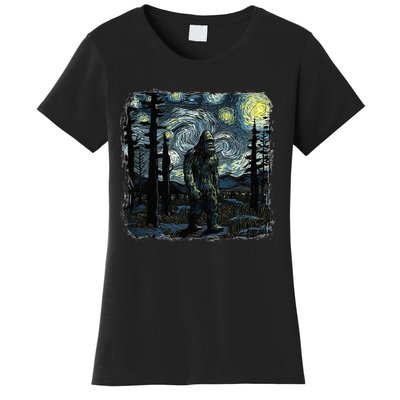 Bigfoot Starry Night Sasquatch Van Gogh Sky Painting Art Women's T-Shirt