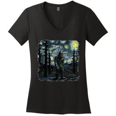 Bigfoot Starry Night Sasquatch Van Gogh Sky Painting Art Women's V-Neck T-Shirt