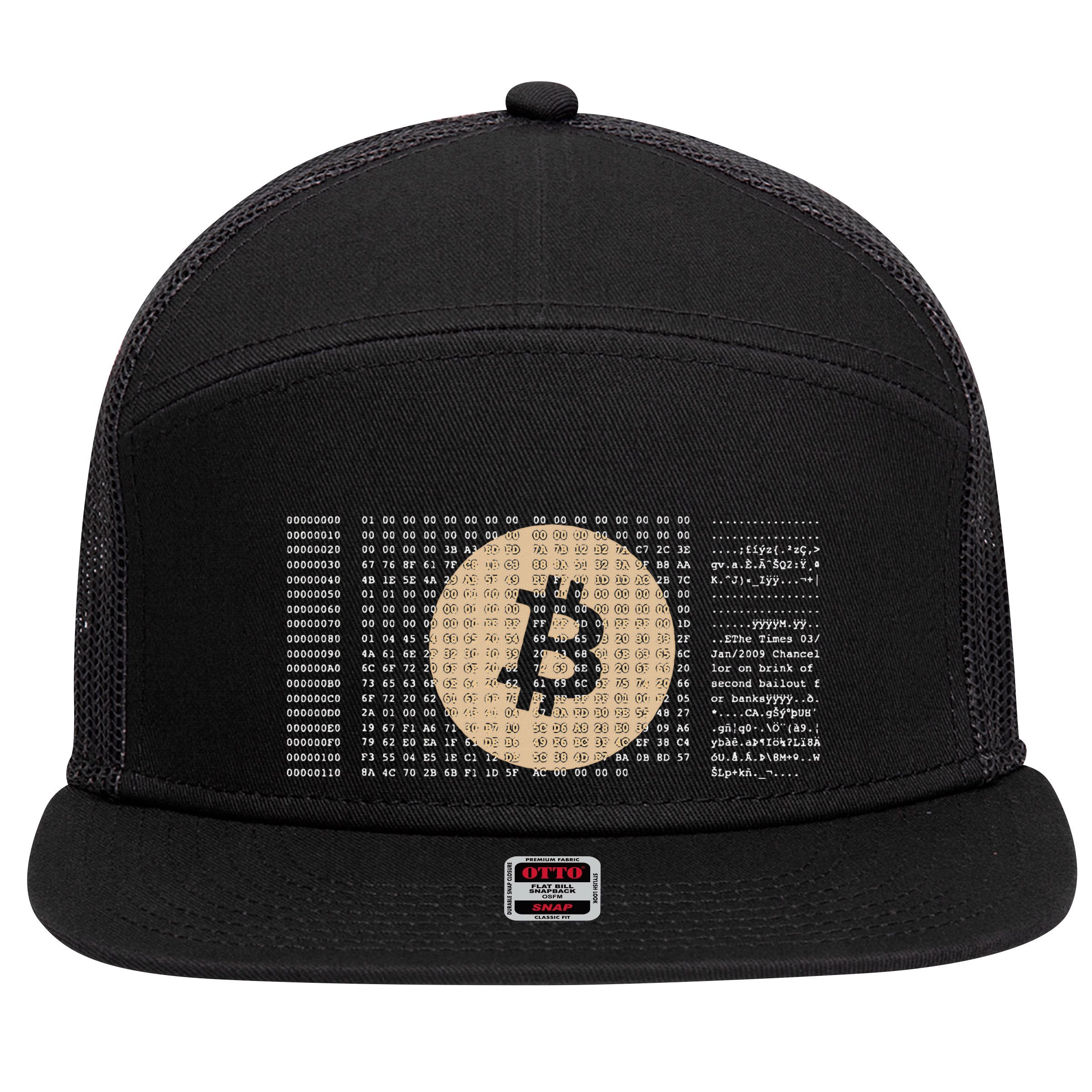 Bitcoin Satoshi Nakamoto Block Cryptocurrency 7 Panel Mesh Trucker Snapback Hat