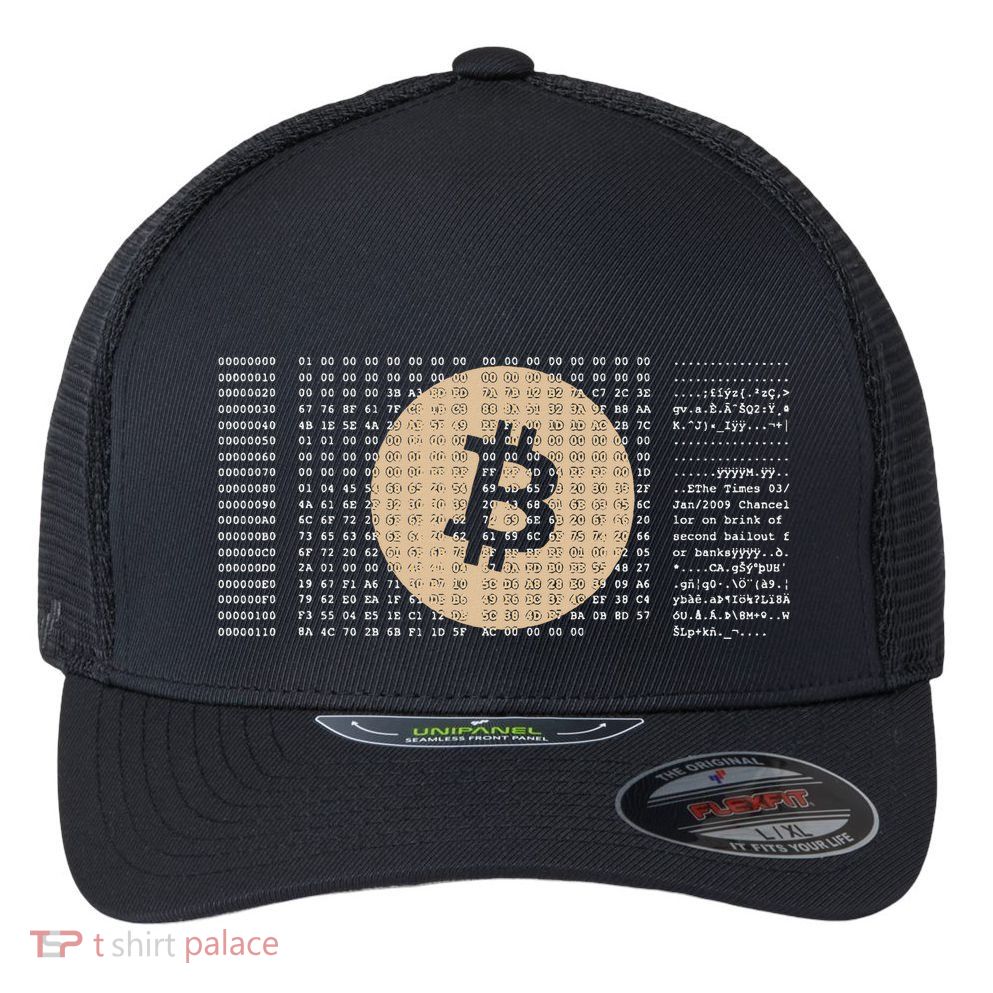 Bitcoin Satoshi Nakamoto Block Cryptocurrency Flexfit Unipanel Trucker Cap