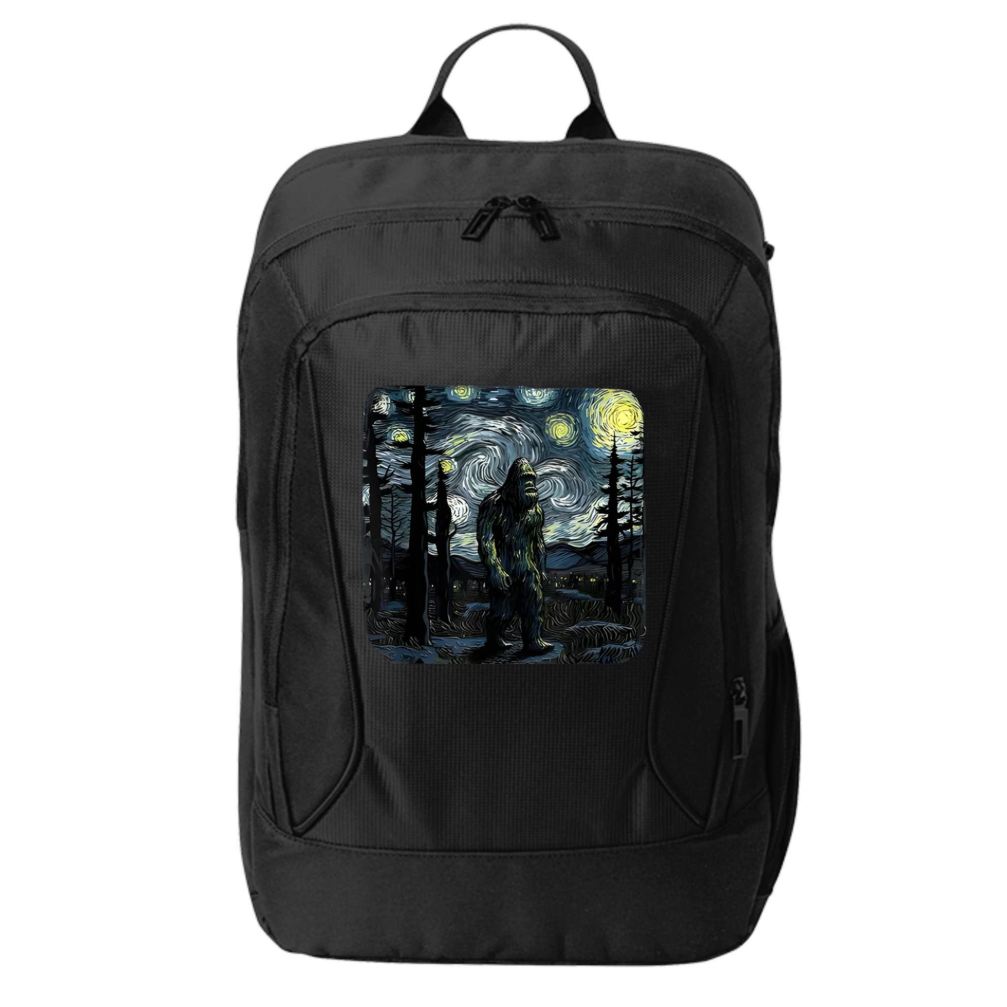 Bigfoot Starry Night Sasquatch Van Gogh Sky Painting Art City Backpack