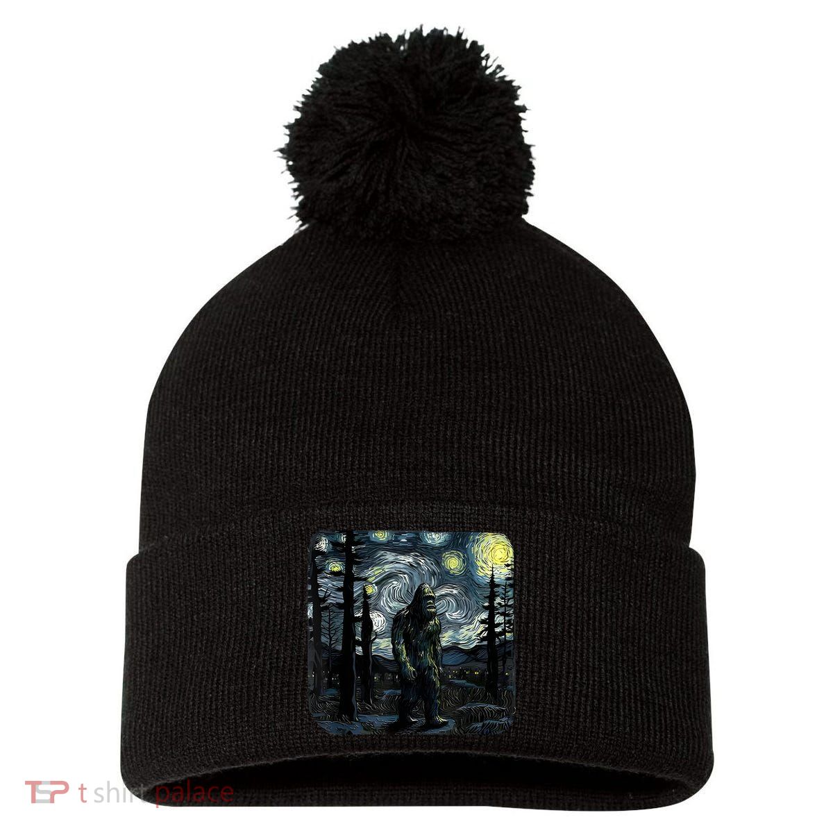 Bigfoot Starry Night Sasquatch Van Gogh Sky Painting Art Pom Pom 12in Knit Beanie