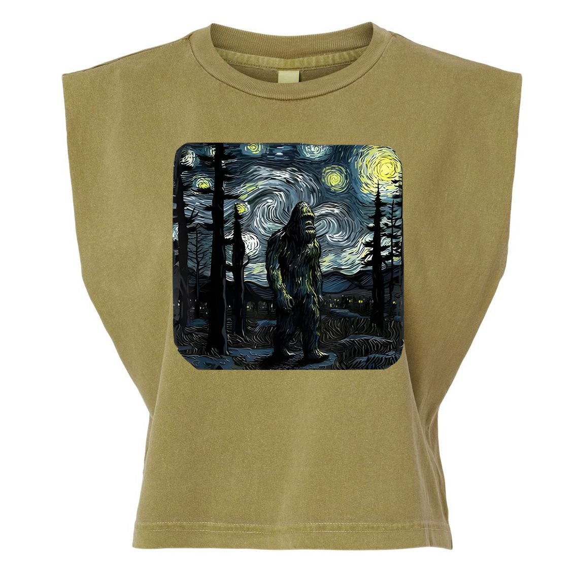 Bigfoot Starry Night Sasquatch Van Gogh Sky Painting Art Garment-Dyed Women's Muscle Tee