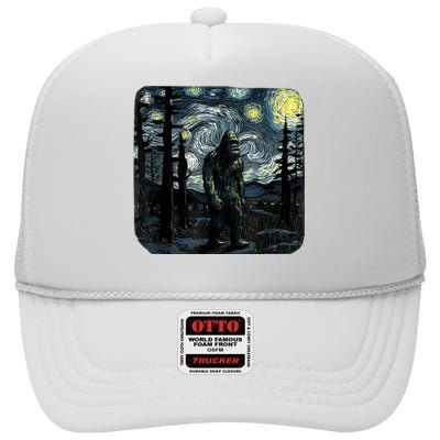 Bigfoot Starry Night Sasquatch Van Gogh Sky Painting Art High Crown Mesh Back Trucker Hat