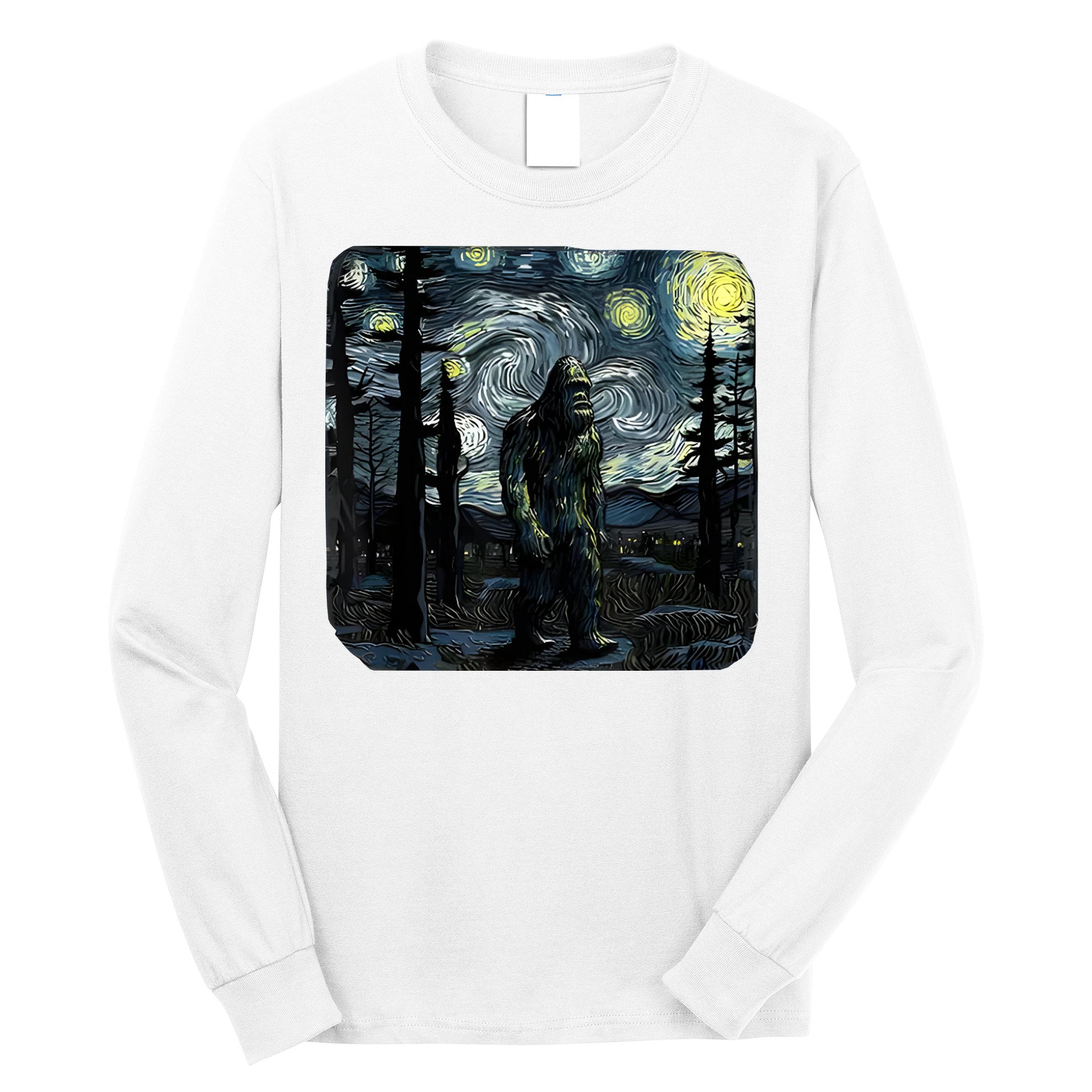 Bigfoot Starry Night Sasquatch Van Gogh Sky Painting Art Long Sleeve Shirt