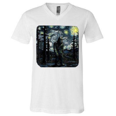 Bigfoot Starry Night Sasquatch Van Gogh Sky Painting Art V-Neck T-Shirt