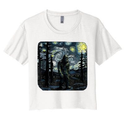 Bigfoot Starry Night Sasquatch Van Gogh Sky Painting Art Crop Top