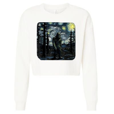 Bigfoot Starry Night Sasquatch Van Gogh Sky Painting Art Cropped Pullover Crew
