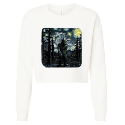 Bigfoot Starry Night Sasquatch Van Gogh Sky Painting Art Cropped Pullover Crew