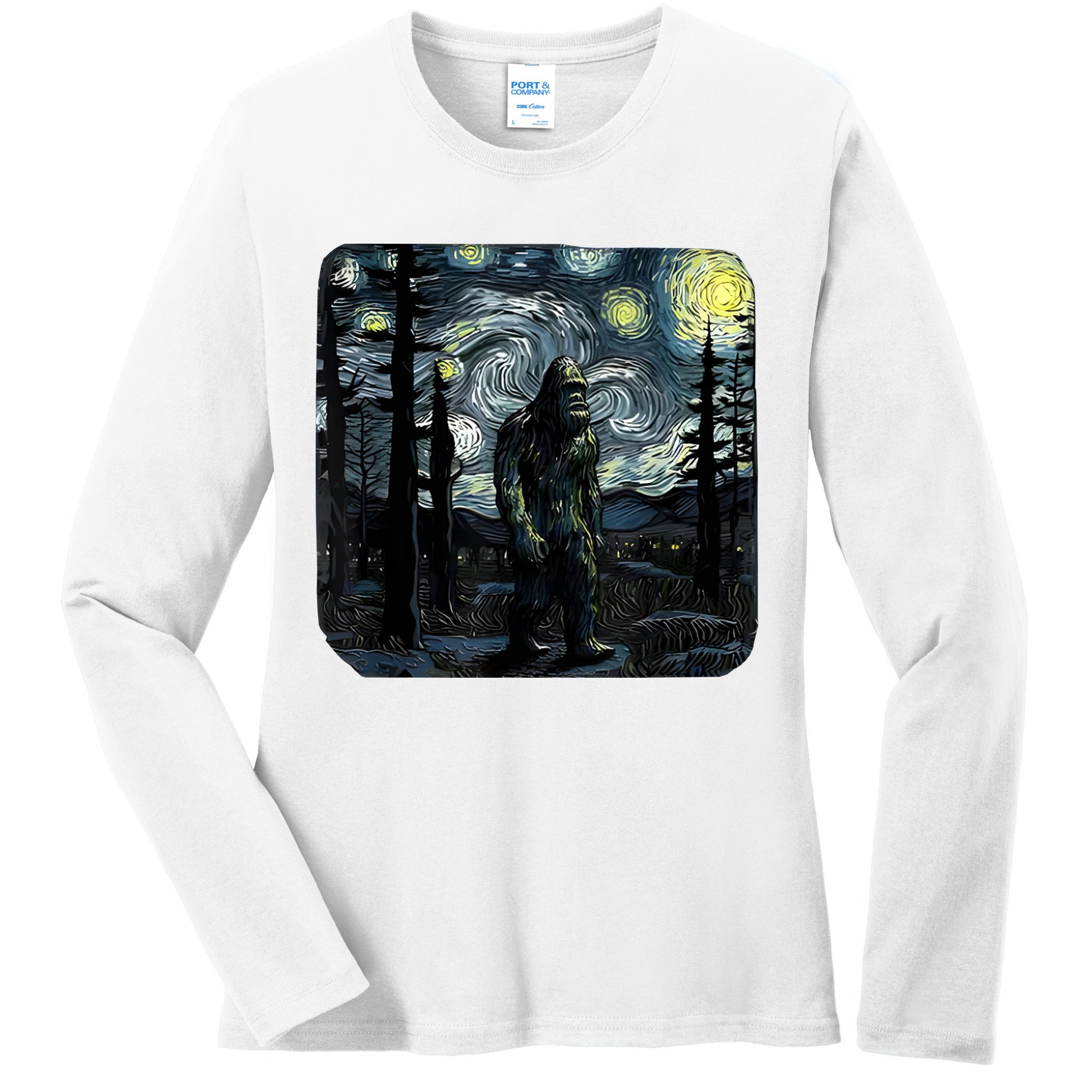 Bigfoot Starry Night Sasquatch Van Gogh Sky Painting Art Ladies Long Sleeve Shirt