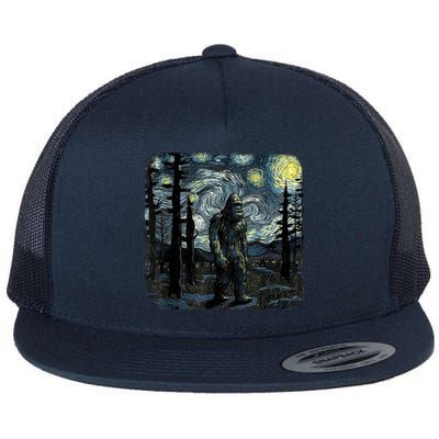 Bigfoot Starry Night Sasquatch Van Gogh Sky Painting Art Flat Bill Trucker Hat