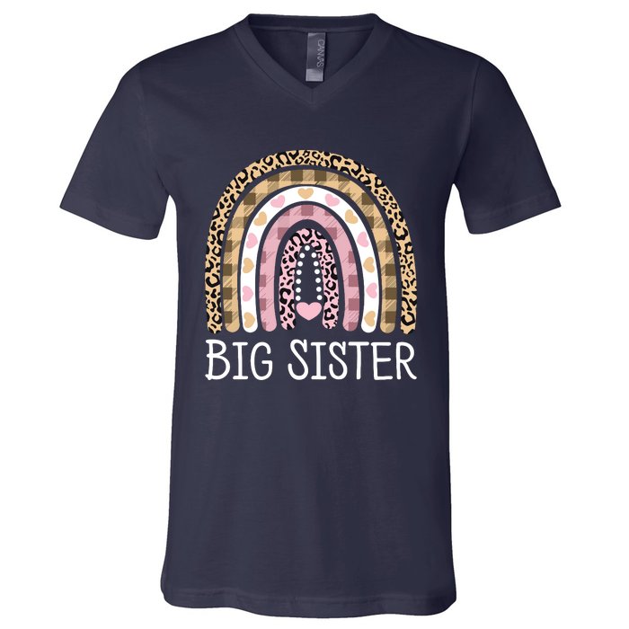 Big Sister Outfit Girls Rainbow Leopard Big Sis Announcement V-Neck T-Shirt