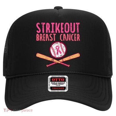 Baseball Strike Out Breast Cancer High Crown Mesh Back Trucker Hat