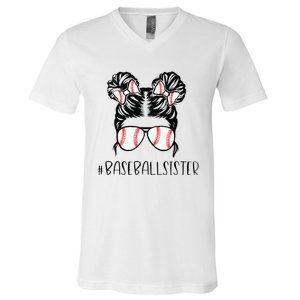 Baseball Sister Proud Sister Messy Bun Baseball Sunglasses V-Neck T-Shirt