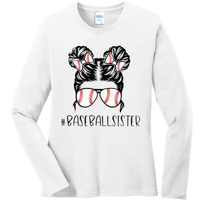 Baseball Sister Proud Sister Messy Bun Baseball Sunglasses Ladies Long Sleeve Shirt