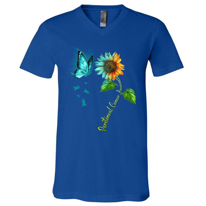 Butterfly Sunflower Peritoneal Cancer Awareness Gift V-Neck T-Shirt