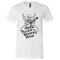 Banjo Skeleton Pluckin On Heavens Door Country Bluegrass V-Neck T-Shirt