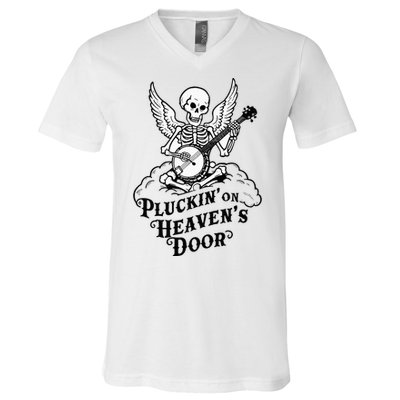 Banjo Skeleton Pluckin On Heavens Door Country Bluegrass V-Neck T-Shirt