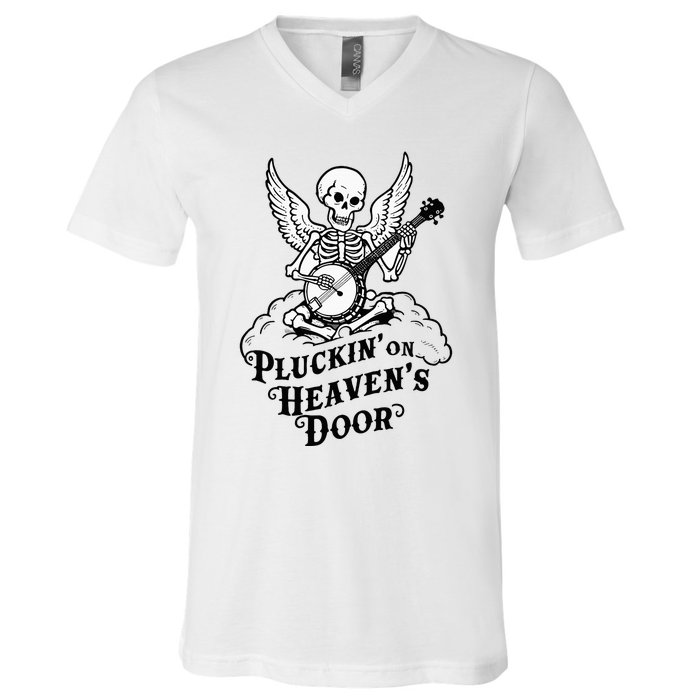 Banjo Skeleton Pluckin On Heavens Door Country Bluegrass V-Neck T-Shirt