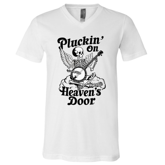 Banjo Skeleton Pluckin On Heavens Door Country Bluegrass V-Neck T-Shirt