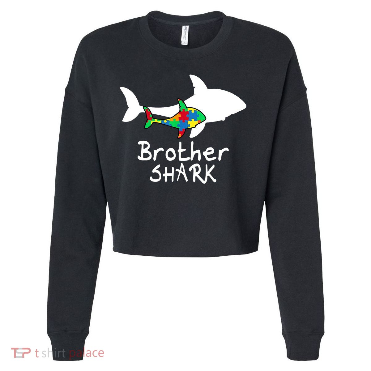 Brother Shark Puzzle Piece Cool Autism Awareness Gift Cropped Pullover Crew