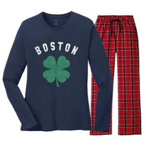 Boston ST PATRICKS DAY Four Leaf Clover Massachusetts Irish Green Shamrock Women's Long Sleeve Flannel Pajama Set 