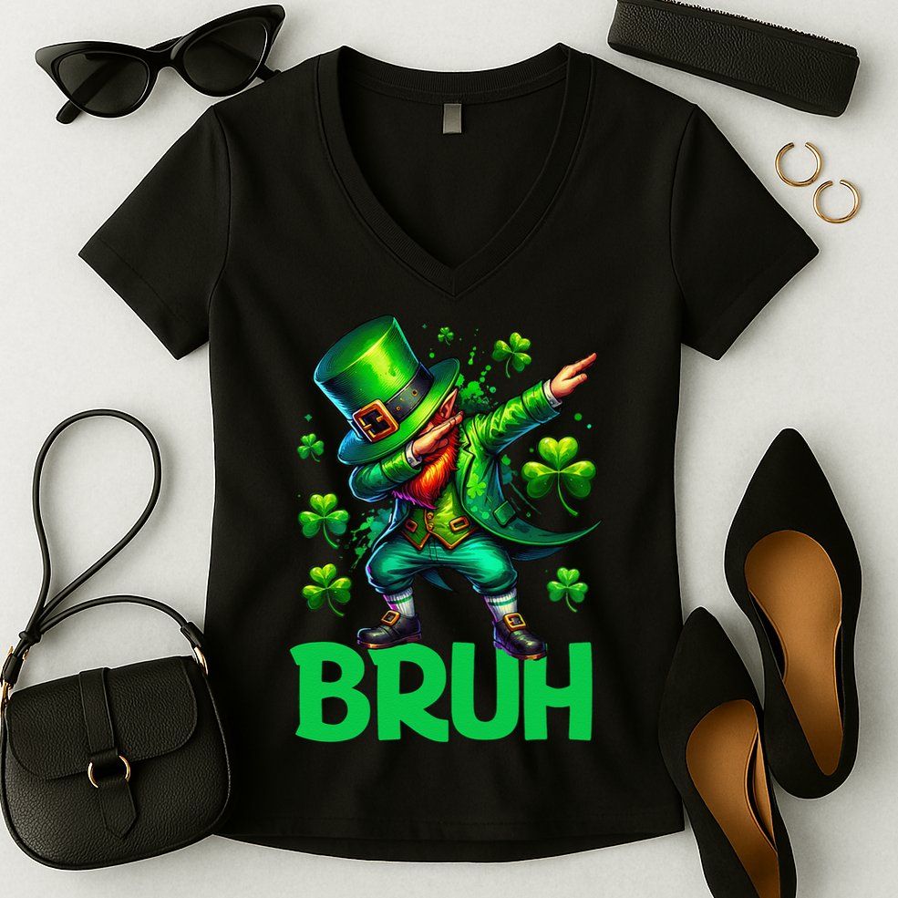 Bruh St Patricks Day Dabbing Leprechaun Bruh Gift Women's V-Neck T-Shirt