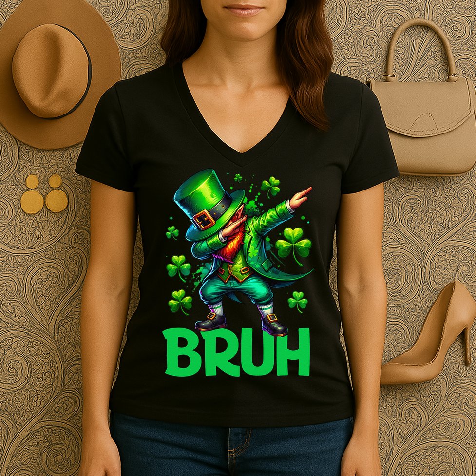 Bruh St Patricks Day Dabbing Leprechaun Bruh Gift Women's V-Neck T-Shirt