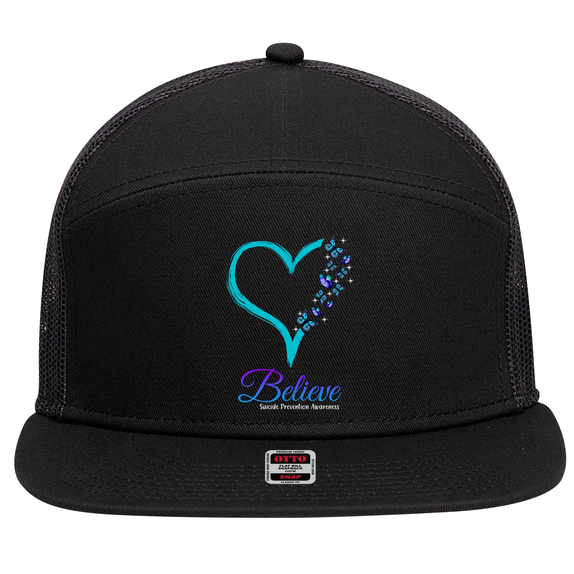 Believe Suicide Prevention Awareness Butterfly Heart 7 Panel Mesh Trucker Snapback Hat