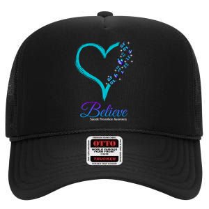 Believe Suicide Prevention Awareness Butterfly Heart High Crown Mesh Back Trucker Hat