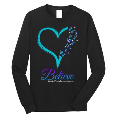 Believe Suicide Prevention Awareness Butterfly Heart Long Sleeve Shirt