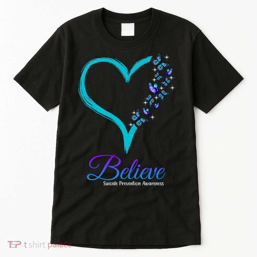 Believe Suicide Prevention Awareness Butterfly Heart Tall T-Shirt
