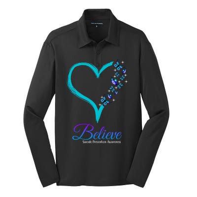 Believe Suicide Prevention Awareness Butterfly Heart Silk Touch Performance Long Sleeve Polo