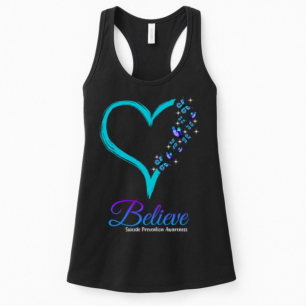 Believe Suicide Prevention Awareness Butterfly Heart Womens Tank Top