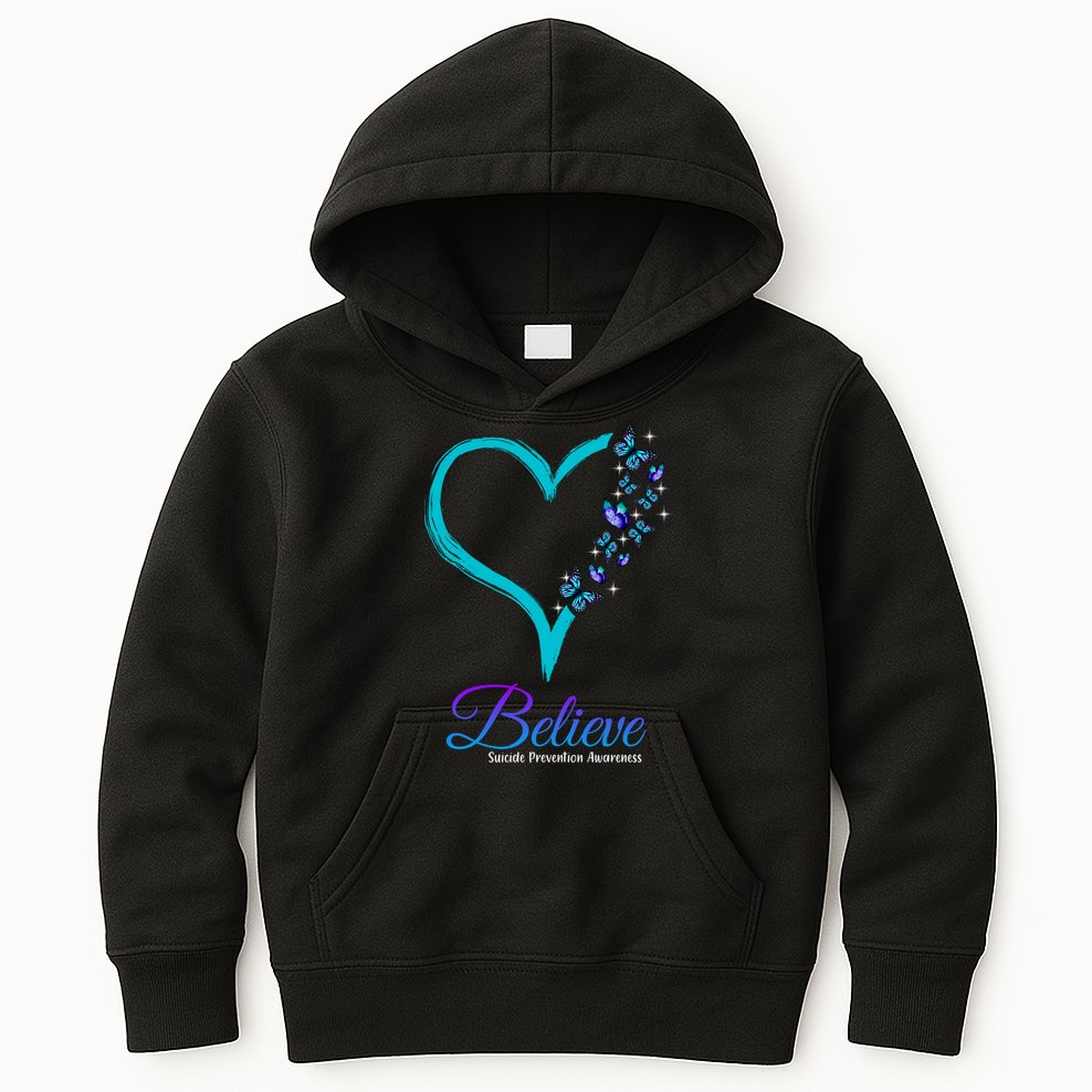 Believe Suicide Prevention Awareness Butterfly Heart Kids Hoodie