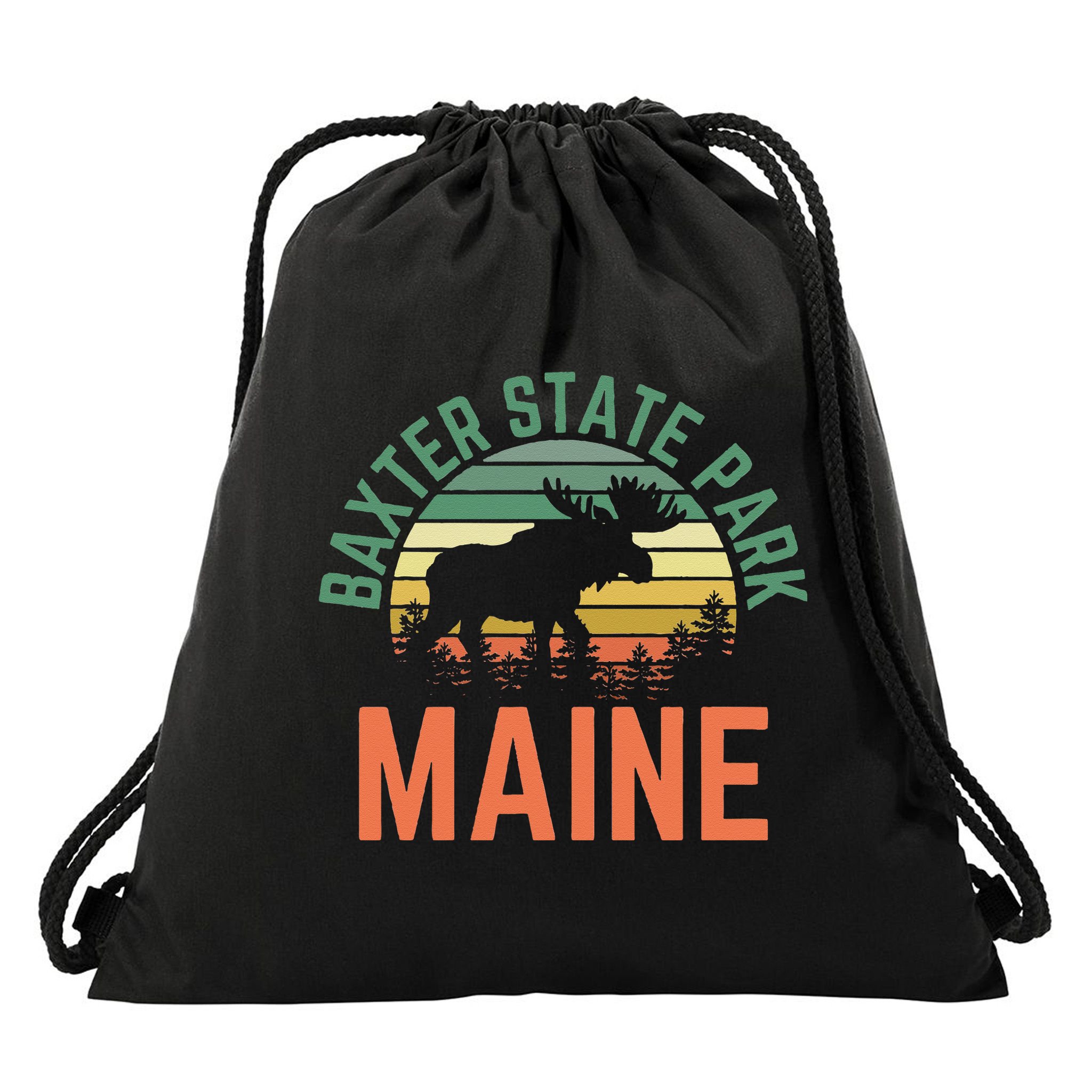 Baxter State Park Maine Moose Hiking Retro Sunset Drawstring Bag