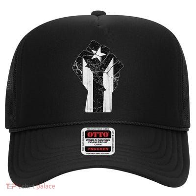 Boricua Strong Puerto Rico Black Flag Fist High Crown Mesh Back Trucker Hat