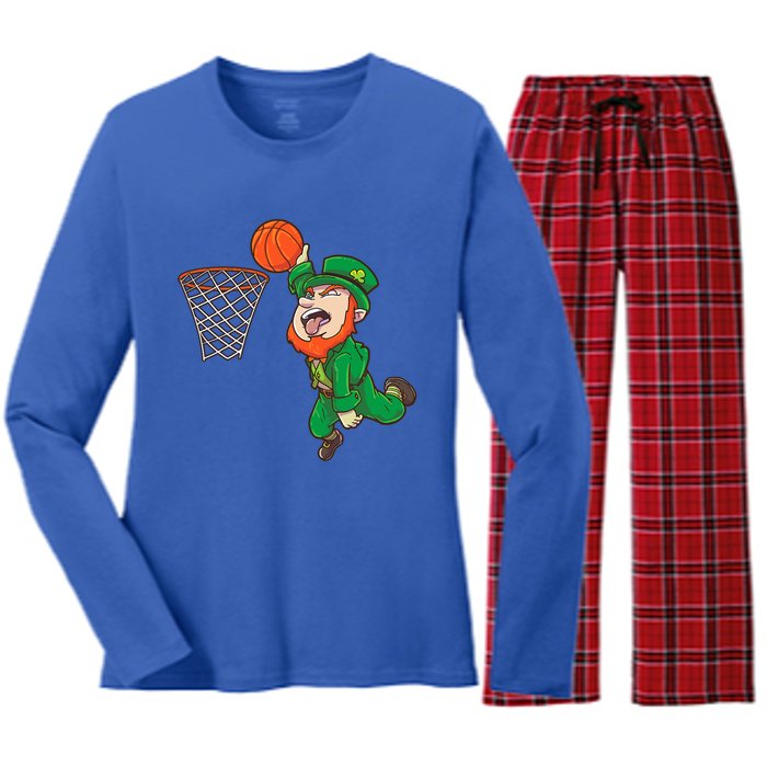 Basketball St Patrick's Day Leprechaun Funny Gift Women's Long Sleeve Flannel Pajama Set 