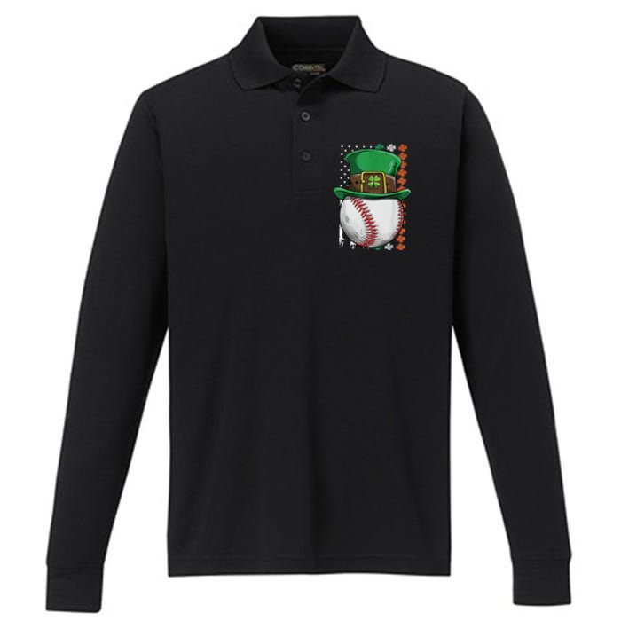 Baseball St Patrick's Day Ball Leprechaun Hat Catcher Lover Sport Performance Long Sleeve Polo