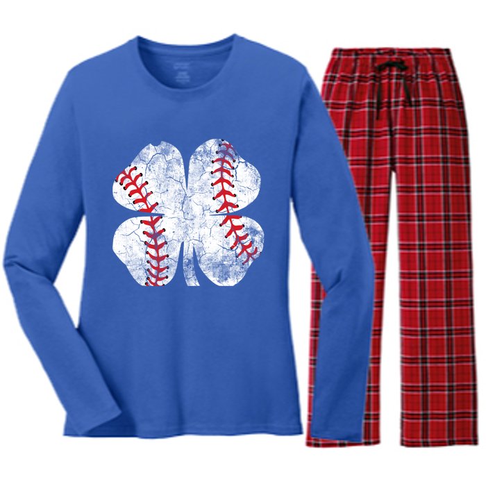 Baseball St Patricks Day Catcher Pitcher Shamrock Sports Cool Gift Women's Long Sleeve Flannel Pajama Set 