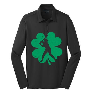 Baseball St Patricks Day Irish Catcher Pitcher Shamrock Gift Silk Touch Performance Long Sleeve Polo