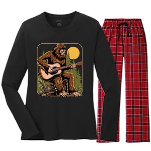 Bigfoot Sasquatch Playing Acoustic Guitar Guitarist Women's Long Sleeve Flannel Pajama Set 