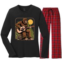 Bigfoot Sasquatch Playing Acoustic Guitar Guitarist Women's Long Sleeve Flannel Pajama Set 