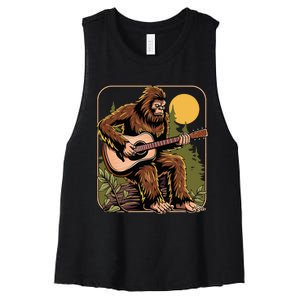 Bigfoot Sasquatch Playing Acoustic Guitar Guitarist Women's Racerback Cropped Tank