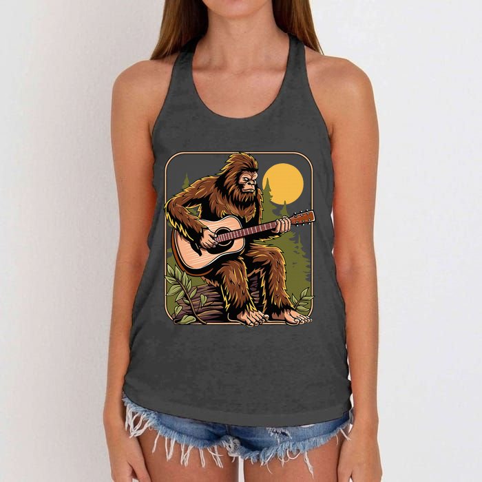 Bigfoot Sasquatch Playing Acoustic Guitar Guitarist Women's Knotted Racerback Tank