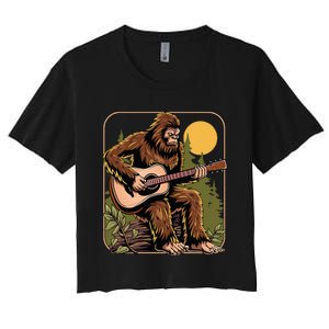 Bigfoot Sasquatch Playing Acoustic Guitar Guitarist Women's Crop Top Tee