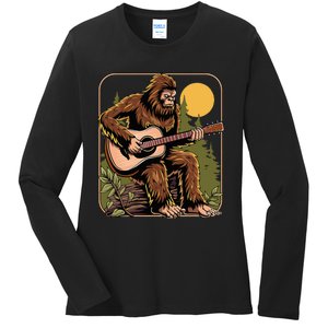 Bigfoot Sasquatch Playing Acoustic Guitar Guitarist Ladies Long Sleeve Shirt