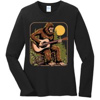 Bigfoot Sasquatch Playing Acoustic Guitar Guitarist Ladies Long Sleeve Shirt