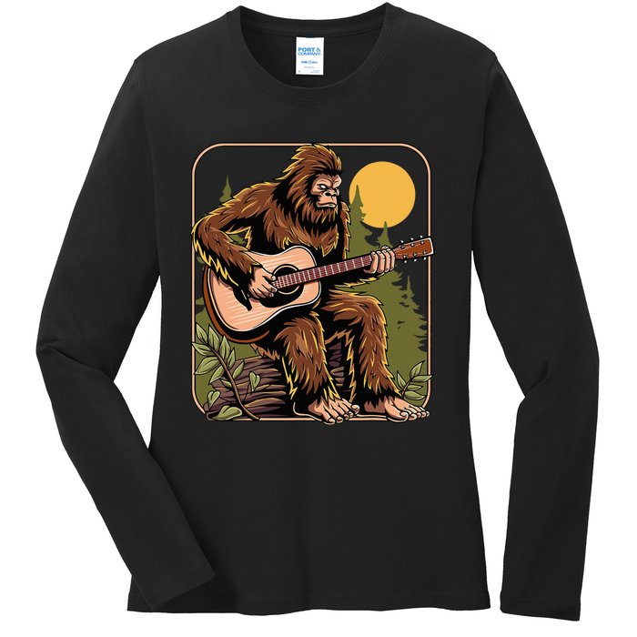 Bigfoot Sasquatch Playing Acoustic Guitar Guitarist Ladies Long Sleeve Shirt